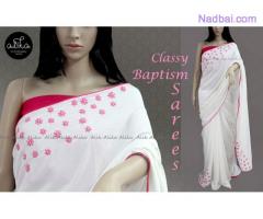 White Baptism Saree with Embroidery